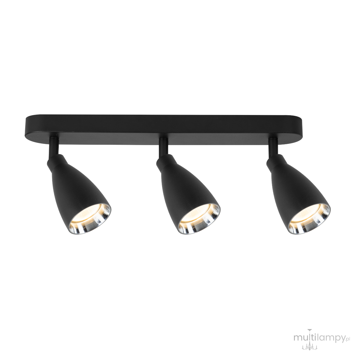 Lampa sufitowa Campana z trzema spotami w kolorze czarnym, wykonana z metalu. Kształt reflektorów stożkowy, zamocowane na prostokątnej podstawie. Wykończenie matowe, z widocznymi elementami chromowanymi wokół źródeł światła.