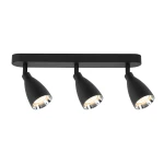 Lampa sufitowa Campana z trzema spotami w kolorze czarnym, wykonana z metalu. Kształt reflektorów stożkowy, zamocowane na prostokątnej podstawie. Wykończenie matowe, z widocznymi elementami chromowanymi wokół źródeł światła.