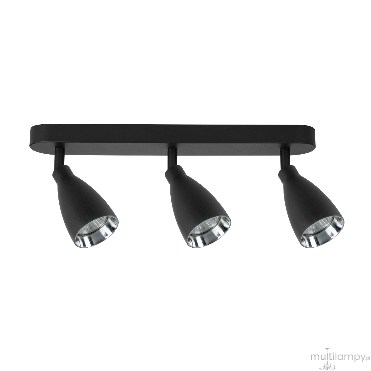 Czarna lampa sufitowa Campana z trzema reflektorami GU10. Reflektory o kształcie stożkowym, zamocowane na prostokątnej podstawie. Matowa powierzchnia, metalowy materiał. Ujęcie frontalne, lampa zamontowana na suficie.