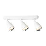 Lampa sufitowa Campana z trzema reflektorami, biała, wykonana z metalu. Reflektory w kształcie stożka z połyskującym wykończeniem wewnętrznym, zamontowane na prostokątnej, białej podstawie. Ujęcie frontalne.