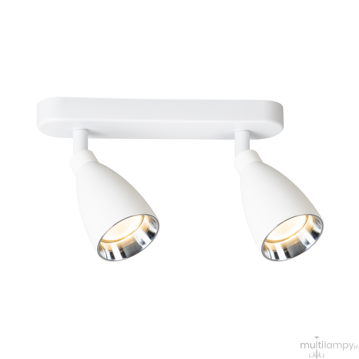 Lampa sufitowa Campana z dwoma reflektorami, biała, z metalowym wykończeniem. Reflektory o kształcie stożka, zamocowane na prostokątnej podstawie. Oświetlenie z gniazdami GU10, przeznaczone do montażu sufitowego.
