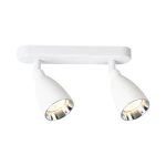 Lampa sufitowa Campana z dwoma reflektorami, biała, z metalowym wykończeniem. Reflektory o kształcie stożka, zamocowane na prostokątnej podstawie. Oświetlenie z gniazdami GU10, przeznaczone do montażu sufitowego.