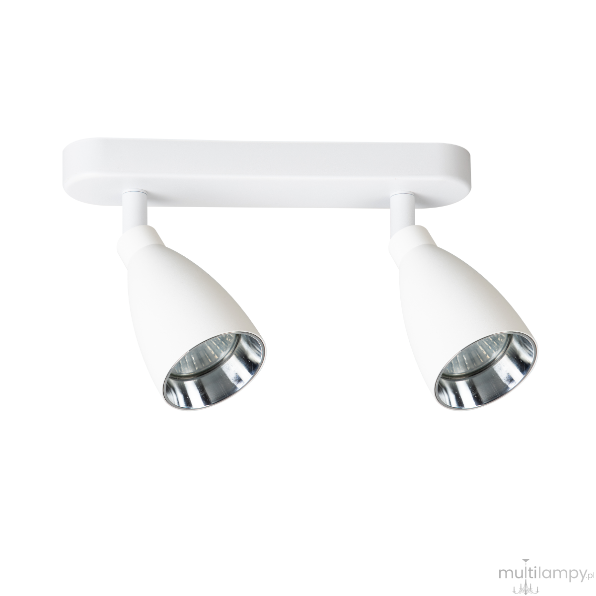 Campana lampa sufitowa w kolorze białym z dwoma regulowanymi reflektorami, zamontowana na prostokątnej podstawie. Reflektory mają metaliczne wnętrze, co zwiększa efektywność oświetlenia. Ujęcie frontalne, z bliska.