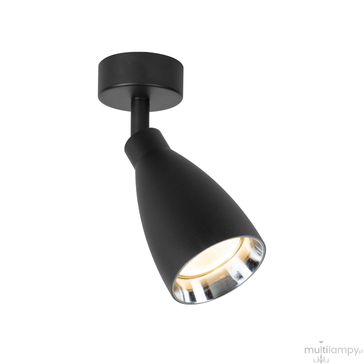 Czarna lampa sufitowa Campana LP-3103/1WS BK, z pojedynczym reflektorem, o kształcie stożkowym, zamontowana na okrągłej podstawie. Lampa wykonana z matowego materiału, posiada metalowy klosz z połyskującym wnętrzem.