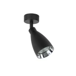 Lampa sufitowa Campana (spot) 1xGU10 w kolorze czarnym z matowym wykończeniem. Posiada cylindryczny klosz z metalicznym wnętrzem, zamontowana na okrągłej podstawie. Kąt ujęcia pokazuje lampę w pozycji wiszącej.