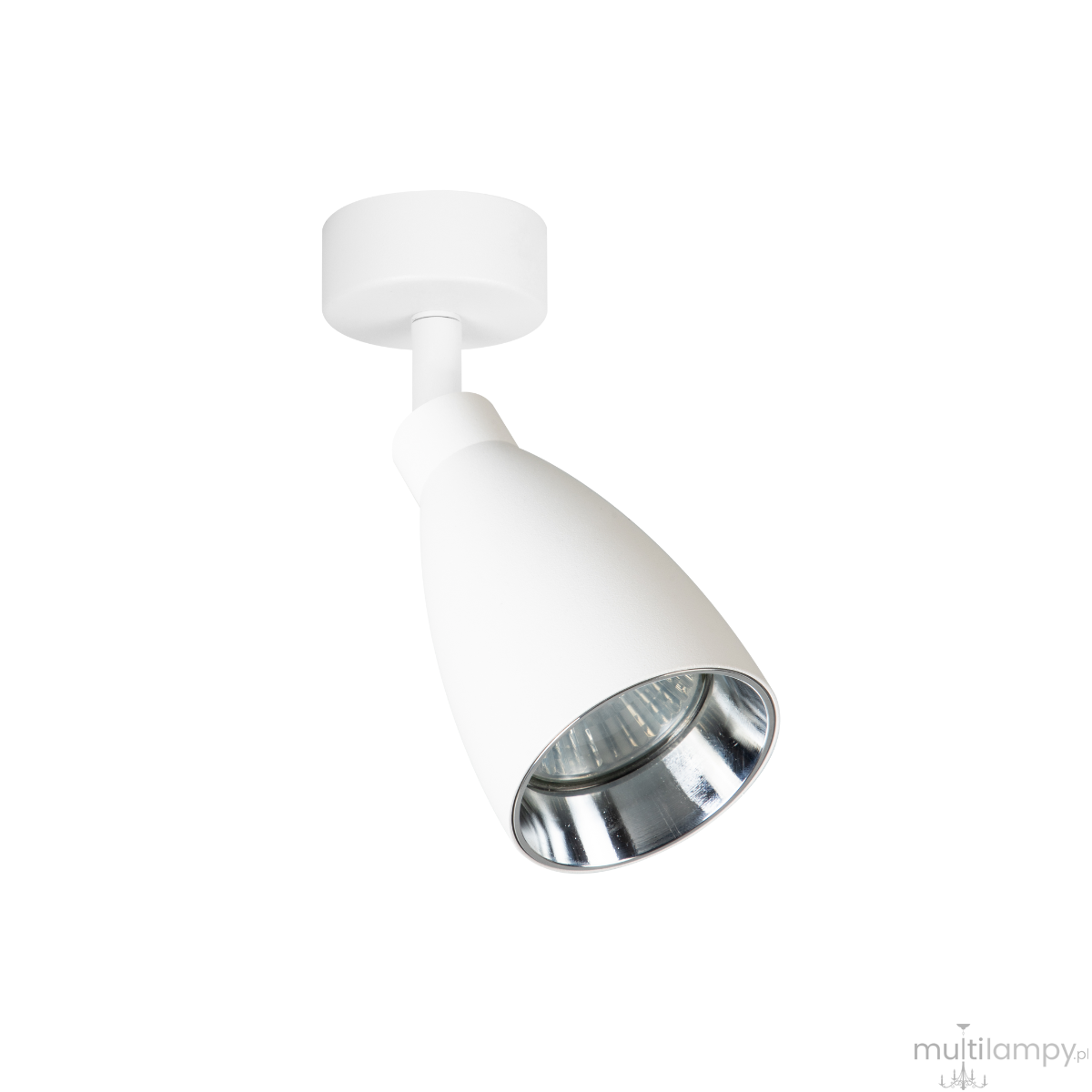 Lampa sufitowa Campana w kolorze białym, z metalowym kloszem w srebrnym wykończeniu. Posiada mocowanie sufitowe i pojedynczy reflektor GU10. Ujęcie z boku, prezentujące nowoczesny design i prostą formę. Tło białe, co podkreśla wygląd lampy.