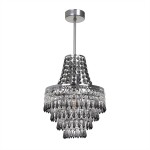 Lampa wisząca Gemma 1xE27 w kolorze chromu z dekoracyjnymi kryształkami w odcieniach przezroczystych i szarych. Posiada okrągłą, metalową podstawę oraz zwisający klosz w kształcie stożka, zdobiony kryształowymi zwisami.