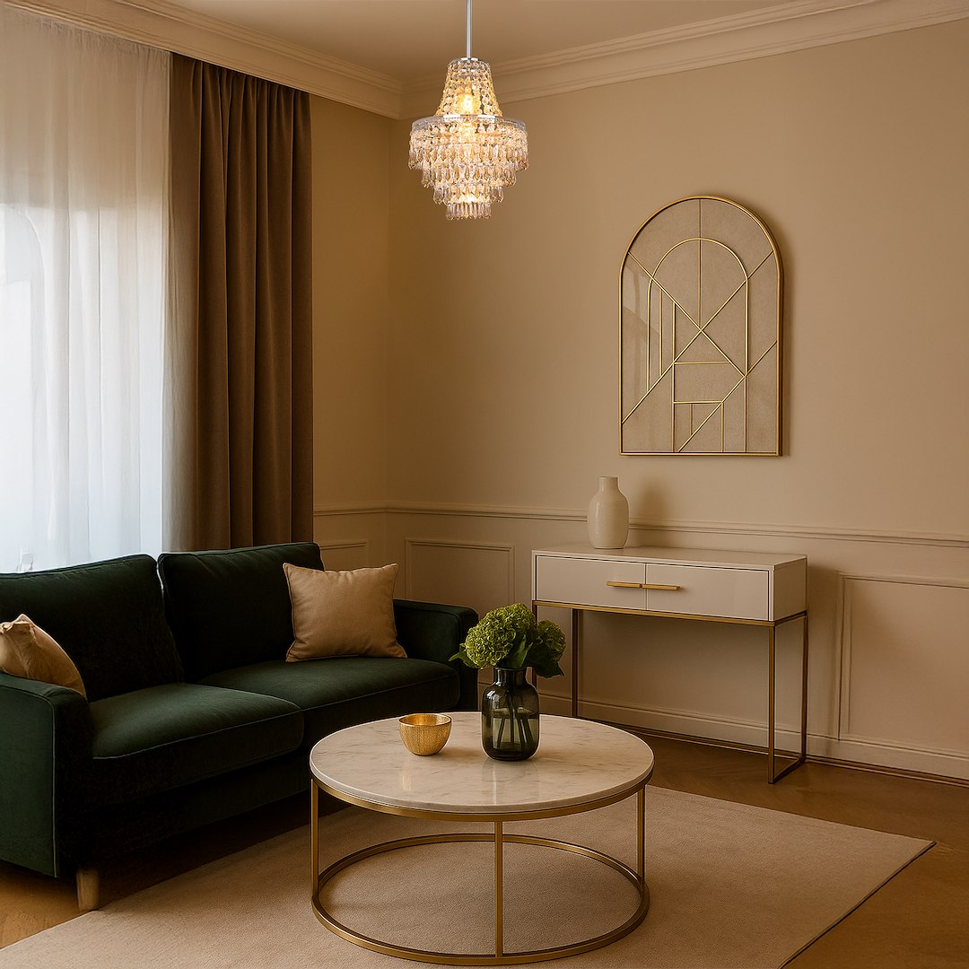 Lampa wisząca Gemma 1xE27 w chromowanym wykończeniu, z dekoracyjnymi kryształkami. Zawieszona w eleganckim wnętrzu, nad okrągłym stolikiem z marmurowym blatem, w towarzystwie ciemnozielonej kanapy i minimalistycznych dodatków.