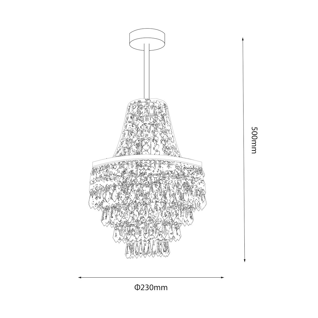 Lampa wisząca Gemma w kolorze chromu, z abażurem zdobionym kryształkami. Wymiary: wysokość 500 mm, średnica 230 mm. Oświetlenie na jedną żarówkę E27, zawieszona na cienkim przewodzie. Prosty, elegancki design.