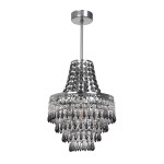 Lampa wisząca Gemma z chromowanym wykończeniem, zawieszona na cienkim przewodzie. Posiada klosz z przezroczystych kryształków w kształcie łez, tworzących efektowną dekorację. Wymiary klosza sugerują elegancki styl, idealny do nowoczesnych wnętrz.