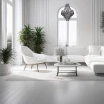 Lampa wisząca Coral 3xE14 w kolorze chromu z dymionym kloszem, zawieszona w jasnym wnętrzu. Otoczenie z białymi meblami i roślinnością, stół kawowy z dekoracjami.