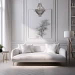 Lampa wisząca Coral 3xE14 w kolorze chromu z dymionym kloszem, o strukturze przypominającej kryształ. Zawieszona w jasnym wnętrzu, nad białą sofą, w minimalistycznej aranżacji z drewnianą podłogą.
