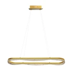 Złota lampa wisząca LED 45W 4000K w kształcie owalnym, zawieszona na dwóch cienkich żyłkach. Zdobiona przezroczystymi elementami, emitującymi równomierne światło. Montaż sufitowy, minimalistyczny design, na białym tle.