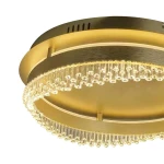 Złota lampa sufitowa LED 36W 4000K z kryształowymi detalami, okrągła konstrukcja, z widocznym pierścieniem oświetleniowym oraz dekoracyjnymi elementami w formie wiszących kryształów. Ujęcie z dołu, eksponujące elegancki design.