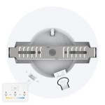 Plafon LED Evora Round D14 6W CCT w kolorze białym, okrągły, z metalowym mocowaniem. Widoczny mechanizm zmiany temperatury barwowej (3000K, 4000K, 6000K) oraz przyciski do ustawień. Prosta konstrukcja, idealna do montażu sufitowego.