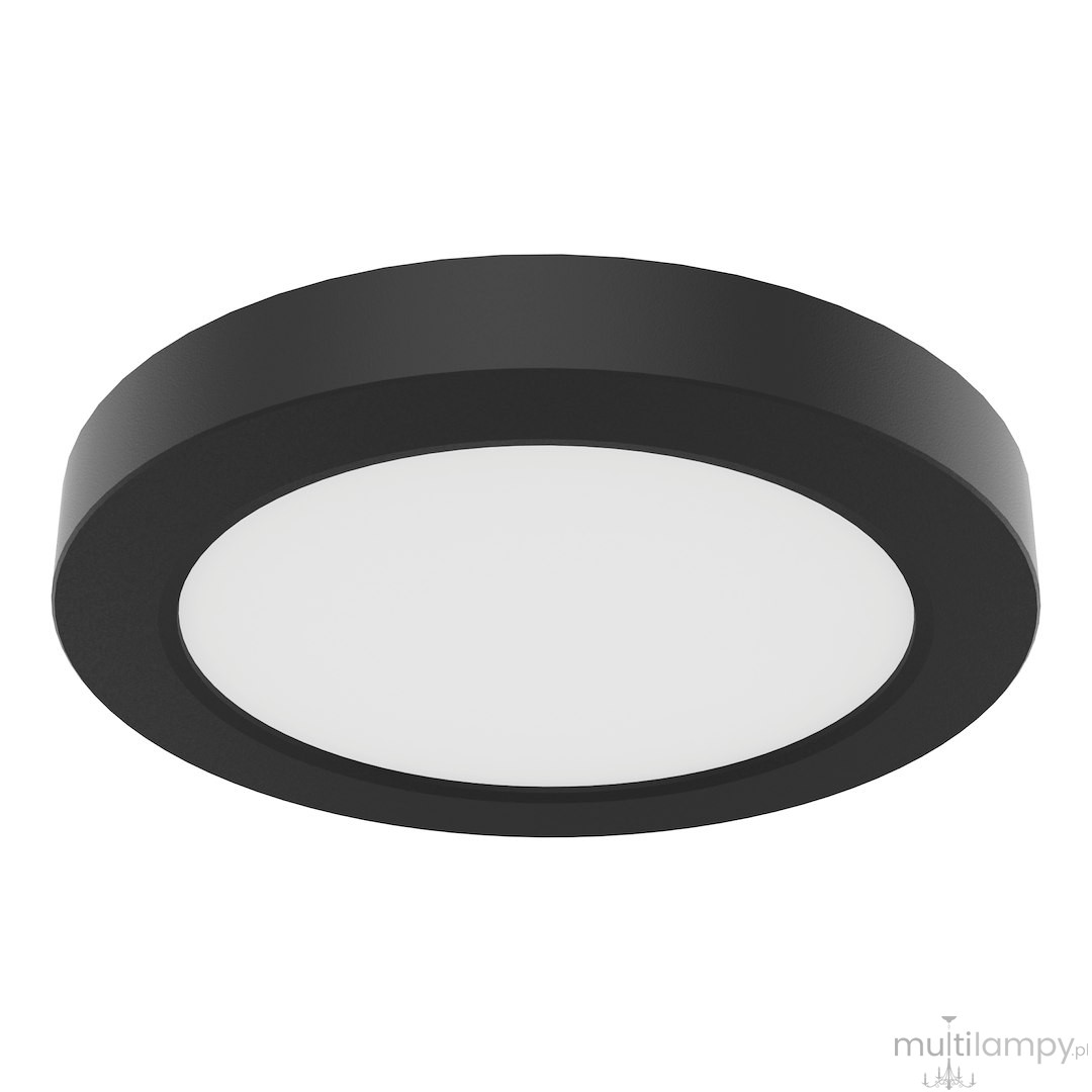 Plafon LED Evora Round D14 o mocy 6W, w kolorze czarnym. Okrągły kształt, matowa biała powierzchnia emitująca światło, z subtelnym, czarnym obramowaniem. Zainstalowany w pozycji wiszącej, idealny do nowoczesnych wnętrz.