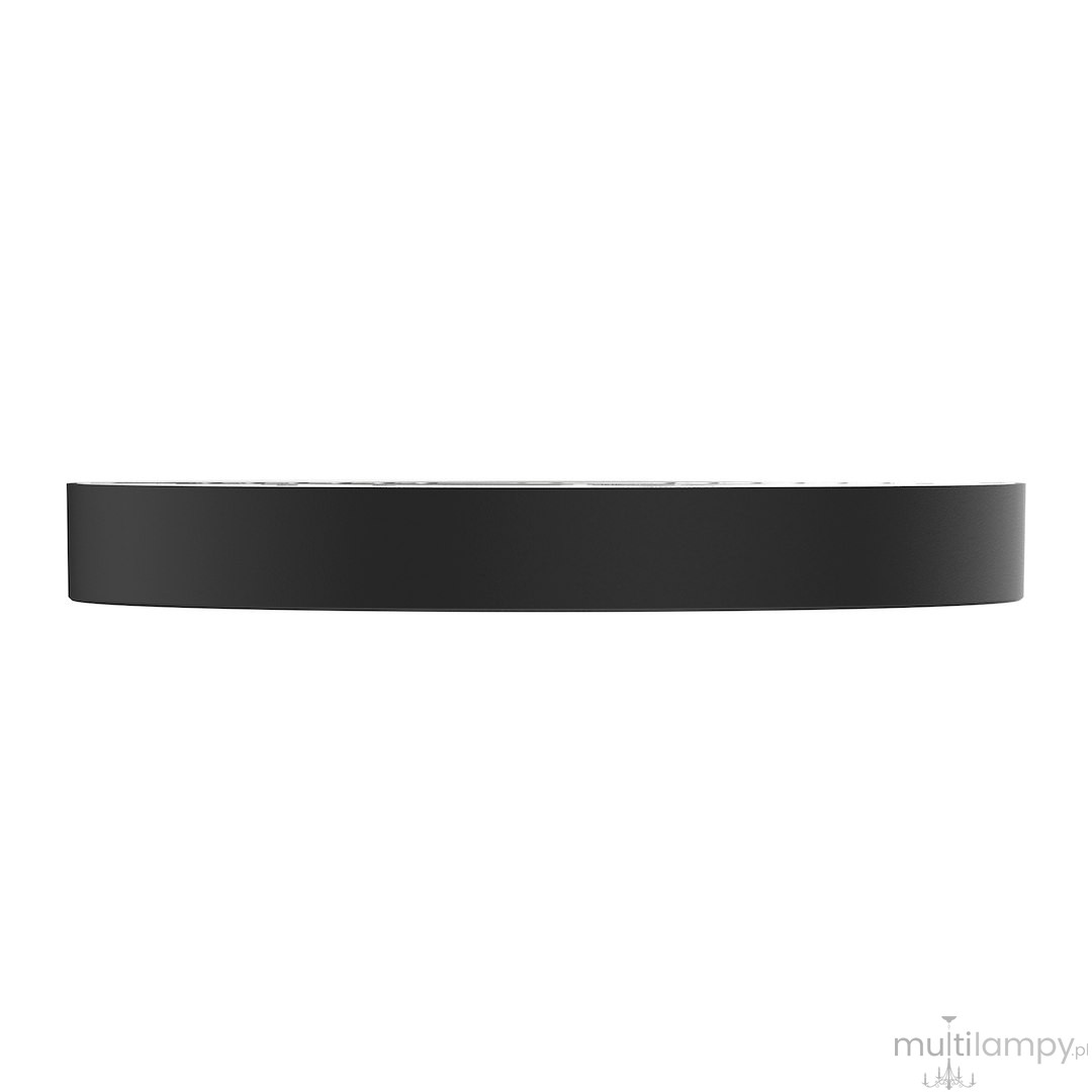 Plafon LED Evora Round D14 o mocy 6W, w kolorze czarnym, z płaskim, okrągłym kształtem. Ujęcie z boku, pokazujące cienką konstrukcję. Produkt umieszczony na jasnym tle, bez dodatkowych dekoracji czy akcesoriów.