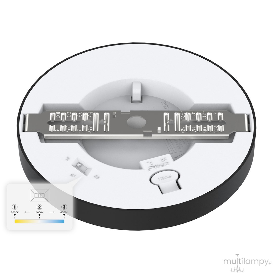Plafon LED Evora Round D14, średnica 14 cm, w kolorze czarnym. Wbudowane diody 6W, możliwość regulacji temperatury barwowej (CCT) 3000K, 4000K, 6000K. Widok z góry, detal na metalowej płytce z diodami, biała obręcz.