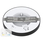 Plafon LED Evora Round D14, średnica 14 cm, w kolorze czarnym. Wbudowane diody 6W, możliwość regulacji temperatury barwowej (CCT) 3000K, 4000K, 6000K. Widok z góry, detal na metalowej płytce z diodami, biała obręcz.
