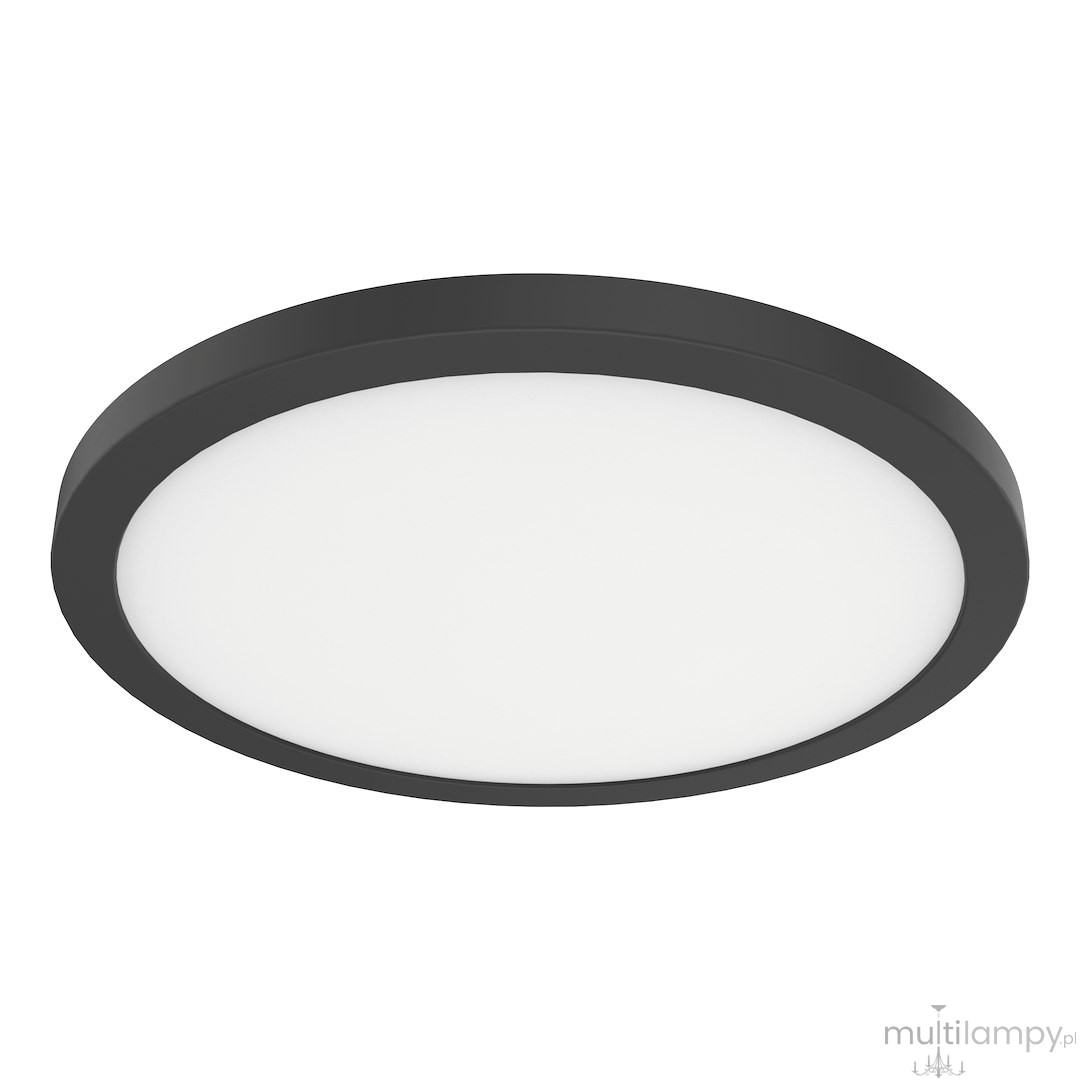 Plafon LED Evora Round D30 o mocy 24W w kolorze czarnym, z okrągłym kształtem. Posiada białą, matową osłonę, montowany sufitowo. Ujęcie z boku podkreśla minimalistyczny design. Idealny do nowoczesnych wnętrz.
