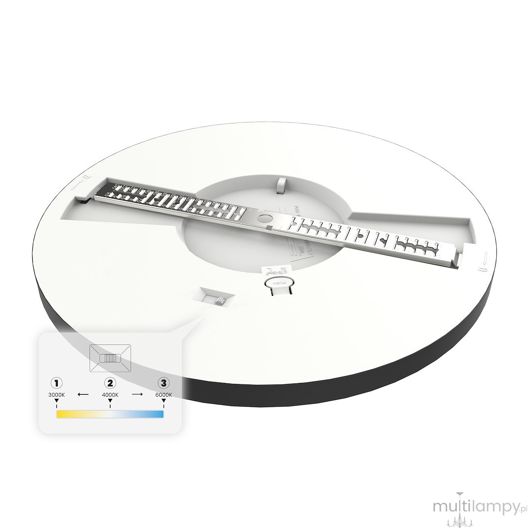 Plafon LED Evora Round D30, moc 24W, w kolorze czarnym. Okrągła konstrukcja z białym wykończeniem, widoczny panel z diodami. Możliwość regulacji temperatury barwowej (3000K, 4000K, 6000K). Ujęcie z góry, produkt leżący.