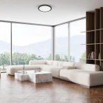 Plafon LED Evora Round D30 w kolorze czarnym, o mocy 24W CCT, zamontowany na suficie. Okrągły kształt z białym, matowym kloszem, otoczony ciemną ramą. Produkt znajduje się w nowoczesnym wnętrzu z dużymi oknami i jasnym narożnikiem.