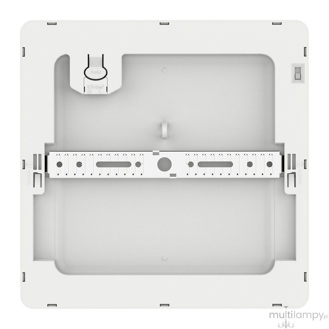 Plafon LED Evora Square 17x17 cm, 12W CCT w kolorze białym, widok od spodu. Widać plastikową obudowę, system mocowania oraz elementy podłączeniowe. Kształt kwadratowy, gładka powierzchnia, bez dekoracji. Idealny do montażu sufitowego.