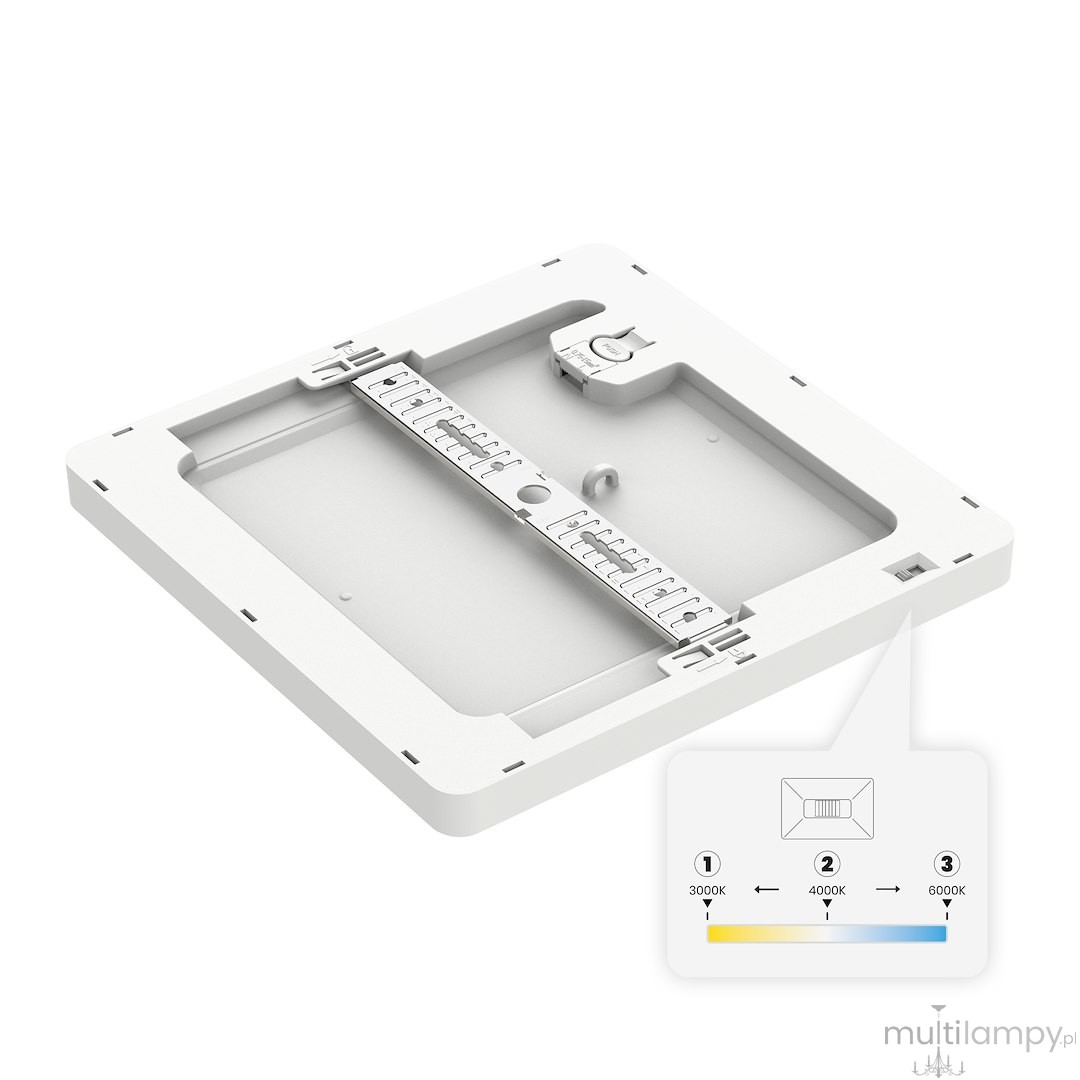 Plafon LED Evora Square 17x17 cm w kolorze białym, o mocy 12W, z regulacją temperatury barwowej (3000K, 4000K, 6000K). Widoczny mechanizm montażowy oraz oznaczenia na obudowie. Produkt ułożony na płaskiej powierzchni.