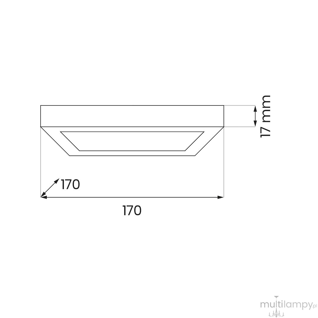 Plafon LED Evora Square 17x17 cm, biały, o grubości 17 mm, z prostokątnym designem. Widok z boku, ukazujący wymiary 170 mm x 170 mm. Idealny do nowoczesnych wnętrz.