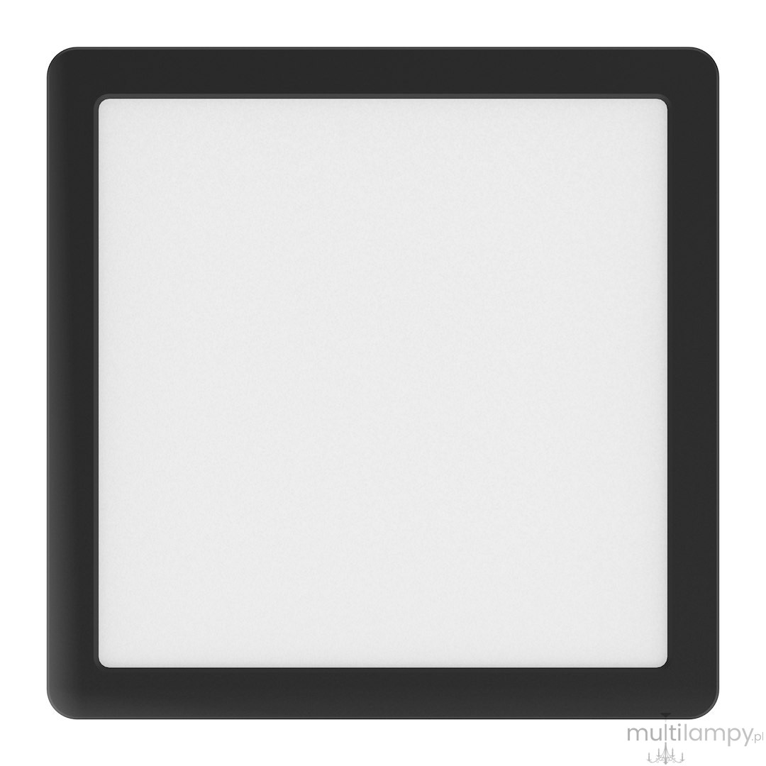Plafon LED Evora Square 17x17 cm w kolorze czarnym, o mocy 12W. Posiada kwadratowy kształt z białą, matową powierzchnią. Ujęcie frontalne, produkt zamontowany na jednolitym tle.