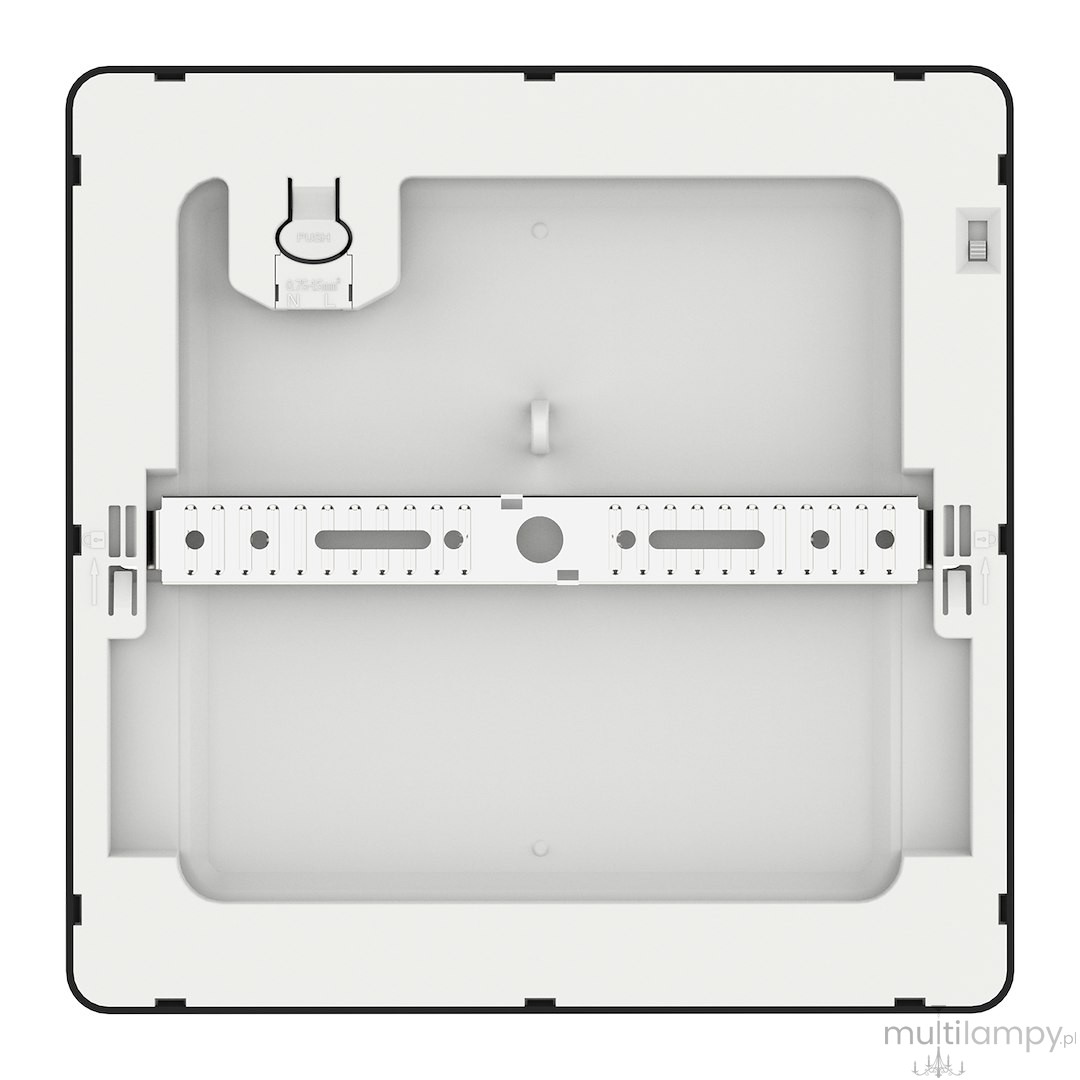 Plafon LED Evora Square 17x17 cm w kolorze czarnym, moc 12W, z funkcją CCT. Widok z góry na wykończenie, z białym wnętrzem, widocznymi mocowaniami oraz miejscem na podłączenie elektryczne. Krawędzie proste, minimalistyczny design.