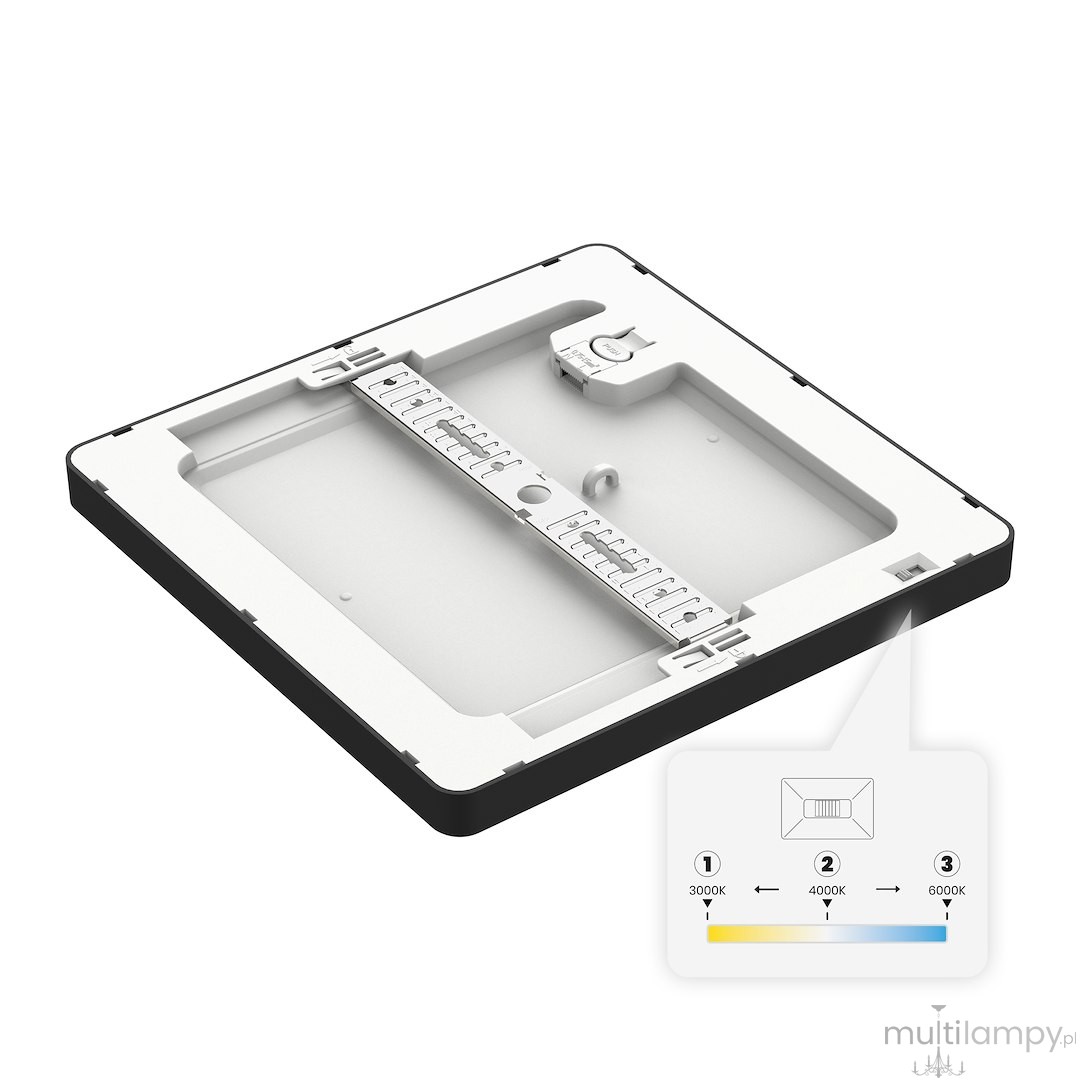 Plafon LED Evora Square 17x17 cm w kolorze czarnym, moc 12W. Ujęcie z góry pokazuje płaską, kwadratową konstrukcję z białym wnętrzem i regulatorem temperatury barwowej (3000K, 4000K, 6000K) z boku.