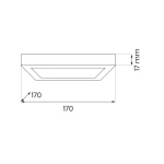 Plafon LED Evora Square 17x17 cm w kolorze czarnym, o grubości 17 mm. Kwadratowy kształt z wbudowanym źródłem światła 12W CCT. Widok z boku, ukazujący wymiary oraz minimalistyczny design.