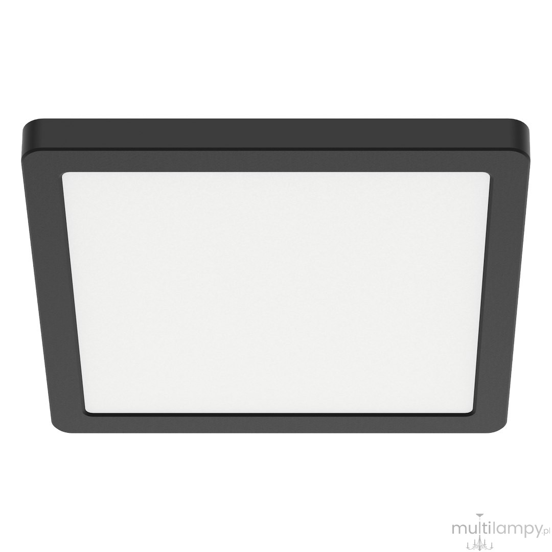 Plafon LED Evora Square 17x17 cm w kolorze czarnym, o mocy 12W. Produkt ma prostokątny kształt z białym, matowym kloszem, zamontowany płasko na suficie, bez widocznych dekoracji.