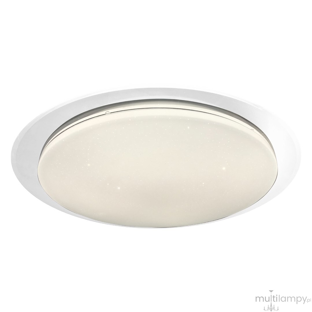 Plafon LED Sonic D85 w kolorze białym, o okrągłym kształcie, z mlecznym kloszem. Wyposażony w pilot do zdalnego sterowania, idealny do montażu sufitowego. Delikatne zdobienia na kloszu. Produkt widoczny z góry na jednolitym tle.