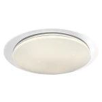 Plafon LED Sonic D85 w kolorze białym, o okrągłym kształcie, z mlecznym kloszem. Wyposażony w pilot do zdalnego sterowania, idealny do montażu sufitowego. Delikatne zdobienia na kloszu. Produkt widoczny z góry na jednolitym tle.