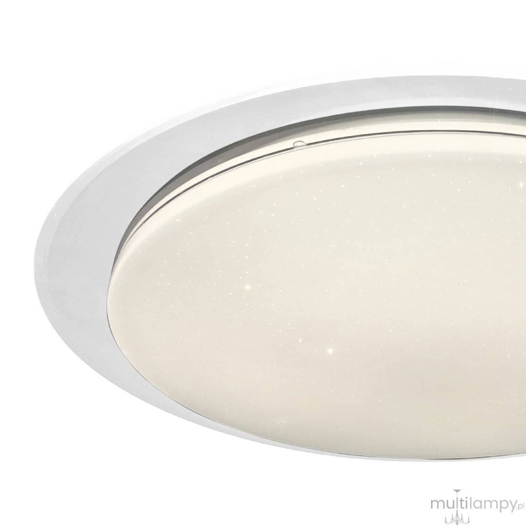 Plafon LED Sonic D85 o okrągłym kształcie, biały, o mocy 100W, z transparentną kloszem z delikatnymi drobinkami. Widok z góry, z metalową ramką. Produkt obsługiwany pilotem, idealny do nowoczesnych wnętrz.