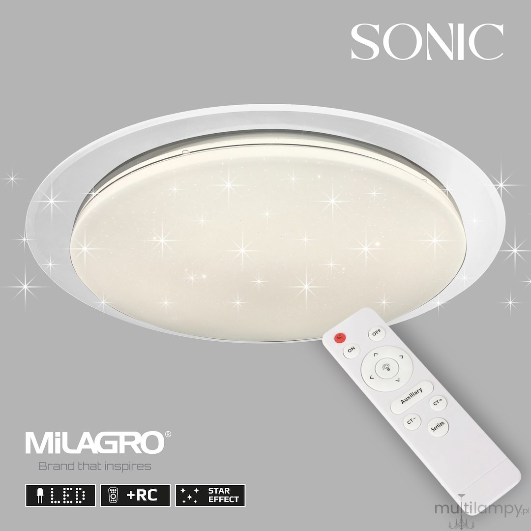 Plafon LED Sonic D85 o mocy 100W w kolorze białym, okrągły z delikatnym, gwiazdkowym efektem. W zestawie pilot z przyciskami do regulacji. Produkt umieszczony na szarym tle, z widoczną nazwą marki Milagro.