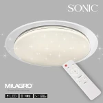 Plafon LED Sonic D85 o mocy 100W w kolorze białym, okrągły z delikatnym, gwiazdkowym efektem. W zestawie pilot z przyciskami do regulacji. Produkt umieszczony na szarym tle, z widoczną nazwą marki Milagro.