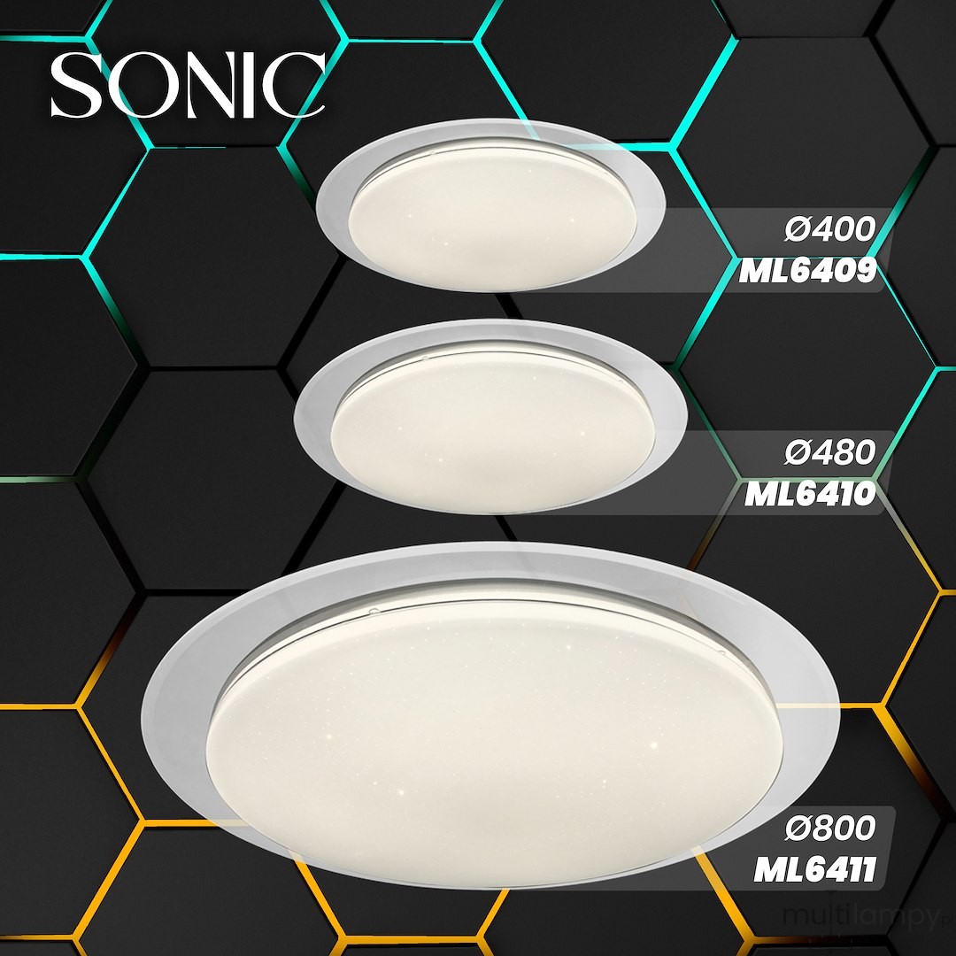 Plafon LED Sonic D85 w kolorze białym, średnica 800 mm, z pilotem, umieszczony na ciemnym tle z geometrycznym wzorem. Widoczne inne modele plafonów o średnicach 400 mm i 480 mm, wszystkie mają gładką, okrągłą formę.
