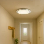 Plafon LED Sonic D85 o mocy 100W w białej obudowie, zamontowany na suficie w korytarzu. Okrągły kształt z delikatnym podświetleniem, w tle widoczna ściana z wieszakiem i drzwiami. Idealny do nowoczesnych wnętrz.