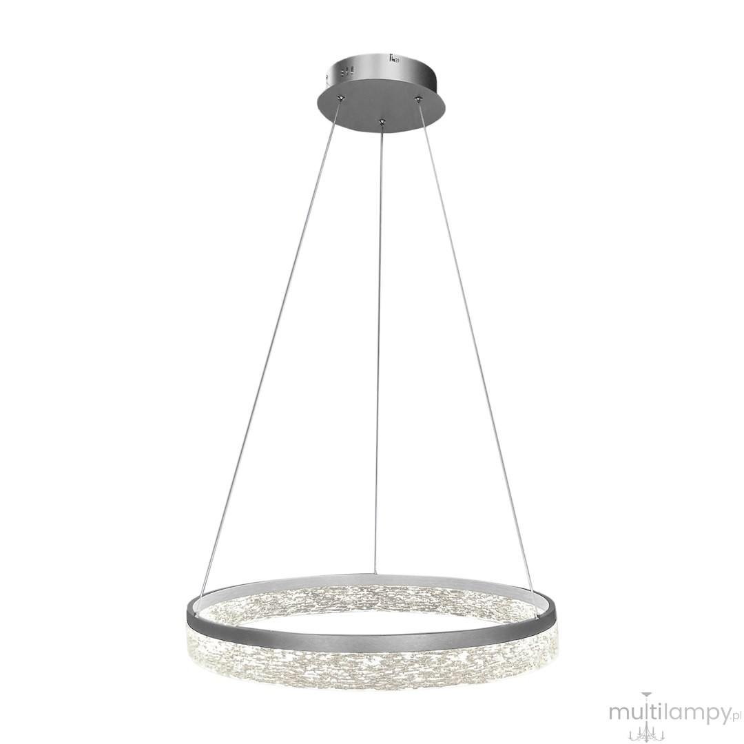 Lampa wisząca LED Gala 25W 4000K w kolorze srebrnym. Okrągła, z przezroczystym kloszem i metalowym wykończeniem, zawieszona na cienkich linkach. Prosty, nowoczesny design, idealna do aranżacji wnętrz.