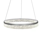 Lampa wisząca LED Gala 25W 4000K w kolorze srebrnym z okrągłym kloszem, zewnętrzna krawędź metalowa, wewnętrzna część z teksturowanym szkłem, zawieszona na dwóch cienkich linkach, w minimalistycznym stylu.
