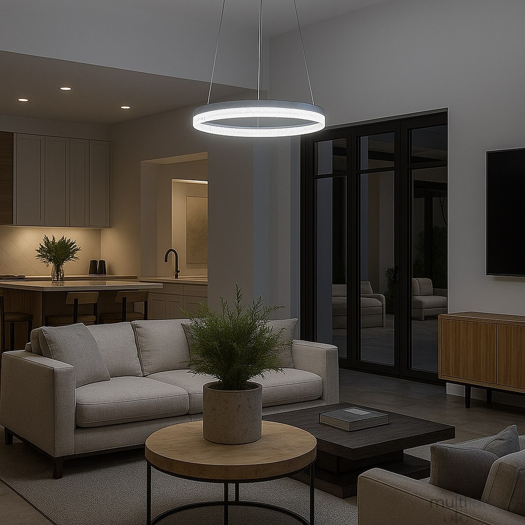 Lampa wisząca LED Gala 25W 4000K w srebrnym kolorze, okrągła, zawieszona nad stołem w nowoczesnym wnętrzu, w otoczeniu kanapy i stolika kawowego. Oświetlenie emitujące neutralne światło, idealne do salonu.