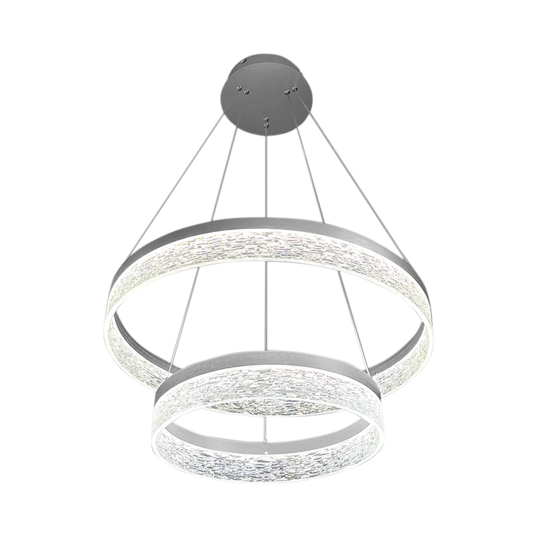 Lampa wisząca LED Gala 52W w kolorze srebrnym, z dwiema okrągłymi ramami, emitującymi światło o barwie 4000K. Zawieszona na cienkich linkach, z metalowym mocowaniem, idealna do nowoczesnych wnętrz.