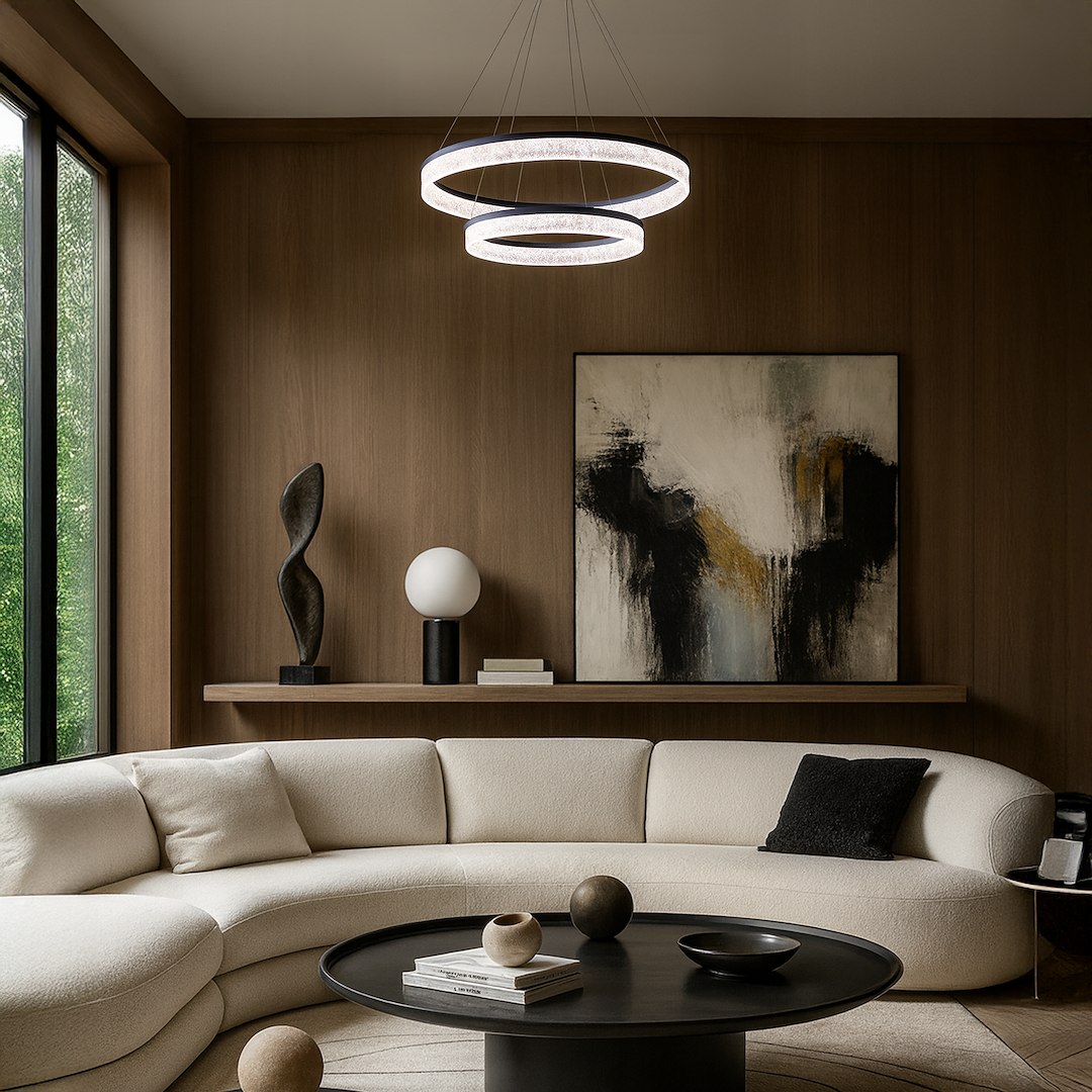 Lampa wisząca LED Gala 52W 4000K w srebrnym kolorze, składająca się z dwóch okrągłych pierścieni, zawieszona w nowoczesnym wnętrzu. Widoczna na tle drewnianej ściany z elementami dekoracyjnymi oraz sofą w jasnym kolorze.