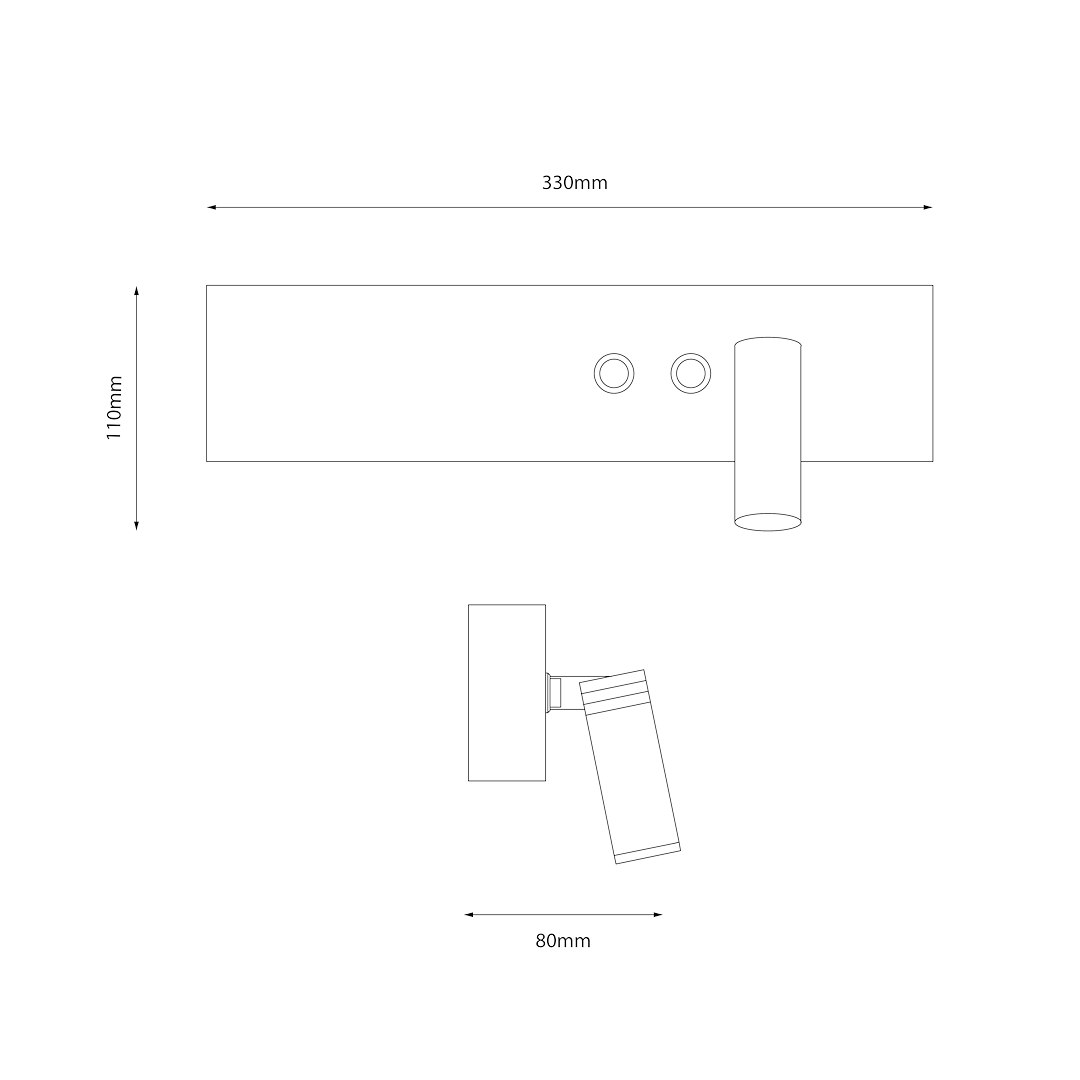 Kinkiet LED Resort Right 10W+3W 4000K w kolorze czarnym. Prostokątny korpus o wymiarach 330mm x 110mm z dwoma otworami. Z bocznym, regulowanym źródłem światła o średnicy 80mm, idealny do oświetlenia wnętrz.
