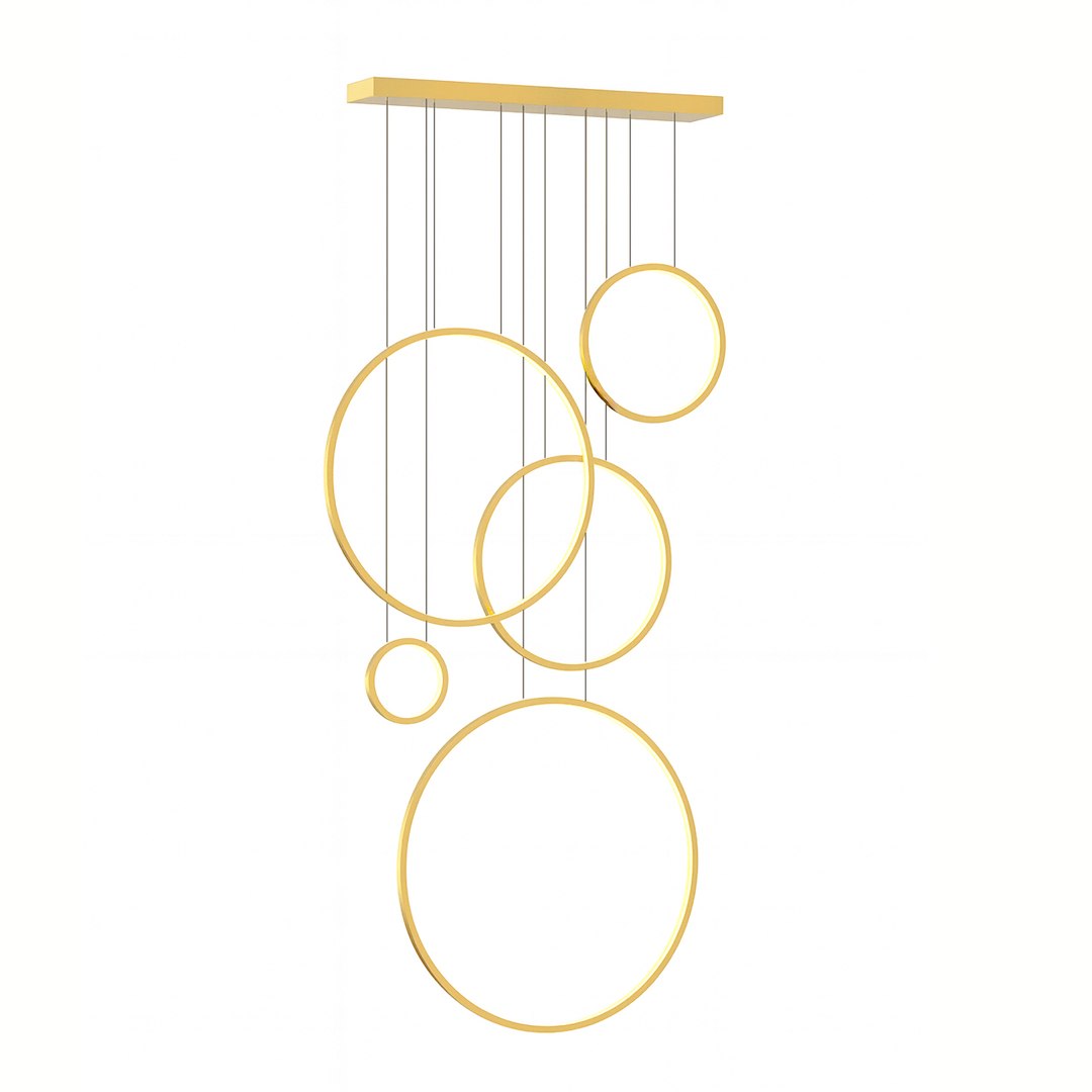 Lampa wisząca LED Saturno 100W z pięcioma okrągłymi elementami w złotym kolorze, zawieszona na cienkich linkach. Prosty, nowoczesny design, idealna do aranżacji wnętrz. Ujęcie frontalne, na białym tle.