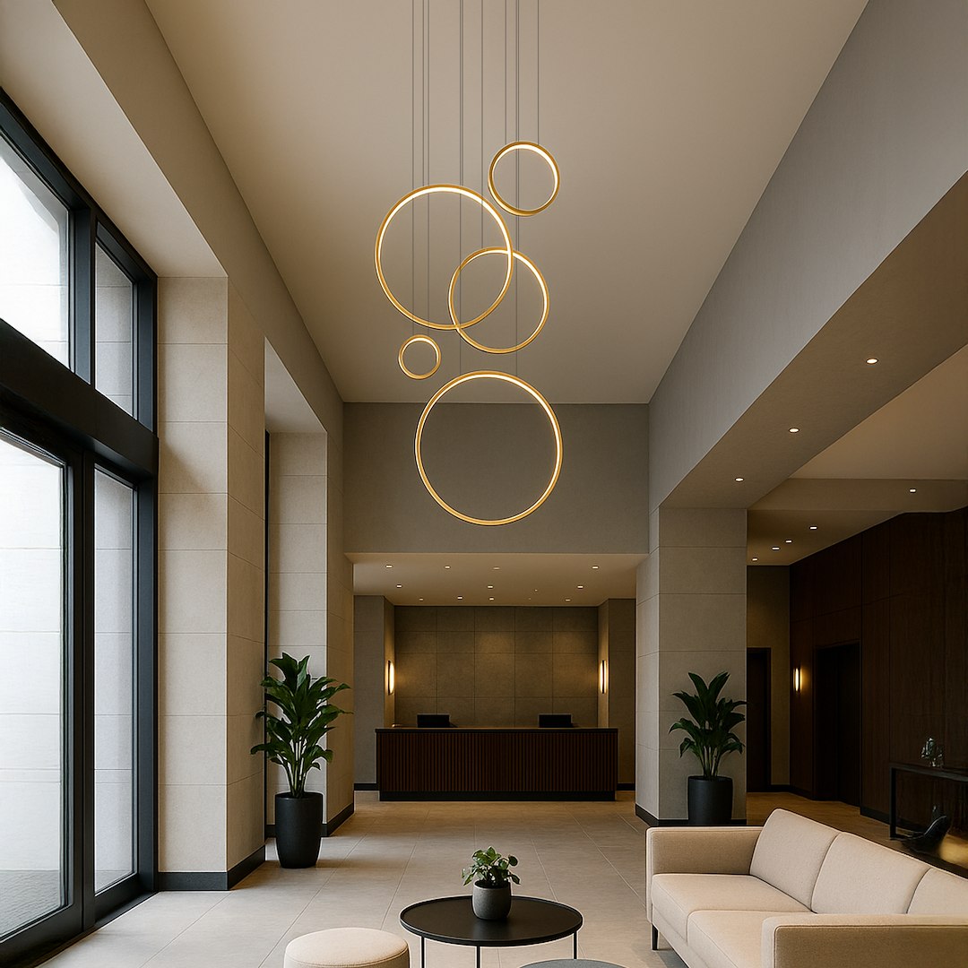 Lampa wisząca LED Saturno 100W 4000K w złotym kolorze, składająca się z pięciu okrągłych elementów o różnej średnicy, zawieszona na cienkich linkach. Produkt umieszczony w nowoczesnym wnętrzu z recepcją i roślinnością.