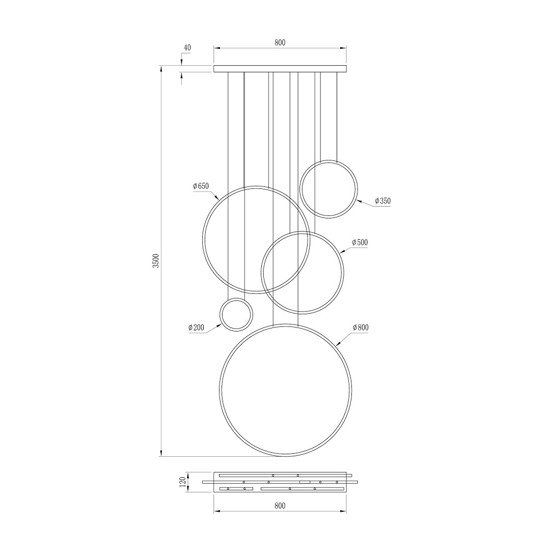 Lampa wisząca LED Saturno 100W w kolorze złotym, o wymiarach 800 mm x 350 mm. Składa się z kilku okrągłych elementów w różnych średnicach (200 mm, 350 mm, 500 mm, 650 mm, 800 mm), zawieszonych na cienkich linkach. Temperatura barwowa 4000K.